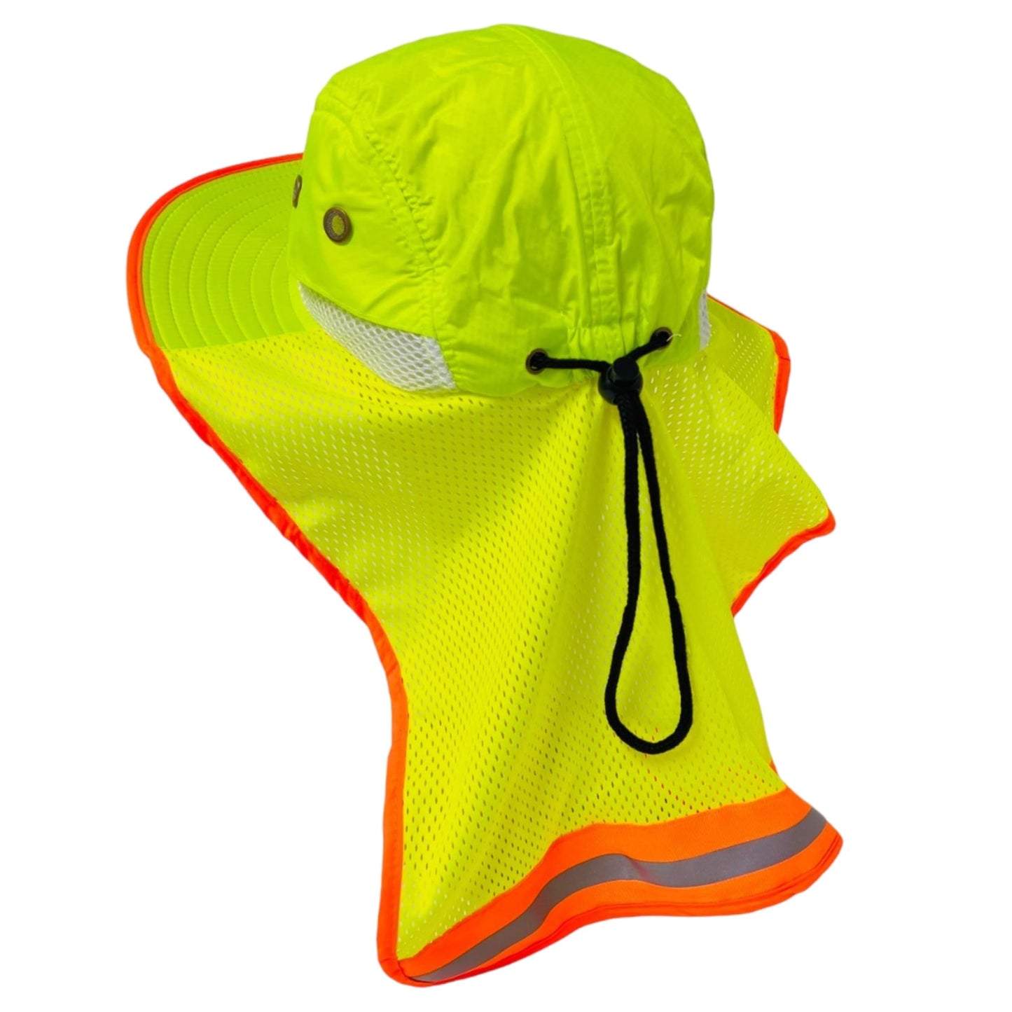 Packable and Adjustable High Visibility Mesh Boonie Sun Hat with Neck Flap and Reflective Stripe