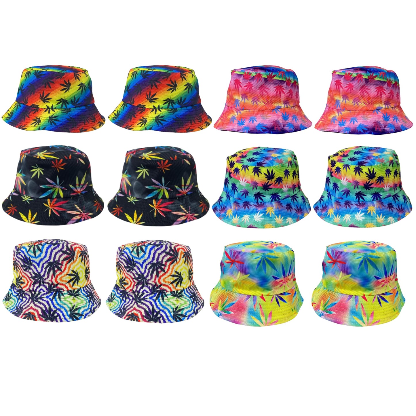 Unisex Marijuana Tie-Dye Bucket Hat Reversible Double-Side-Wear Packable for Travel, Outdoors, and Beach