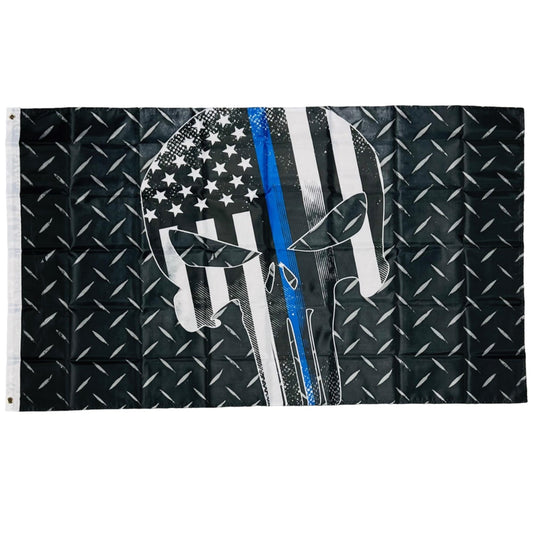 Double Stitched Police Support Blue Line Skull 3X5 Flag