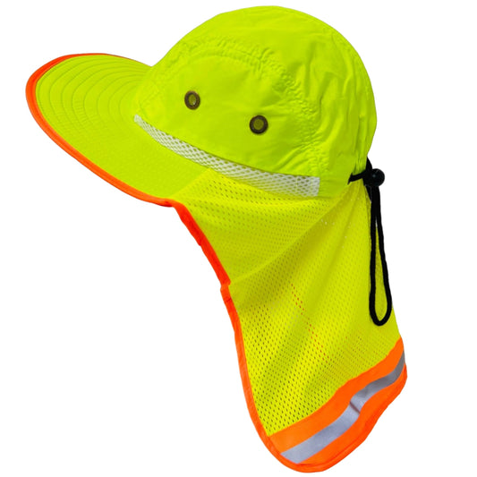 Packable and Adjustable High Visibility Mesh Boonie Sun Hat with Neck Flap and Reflective Stripe