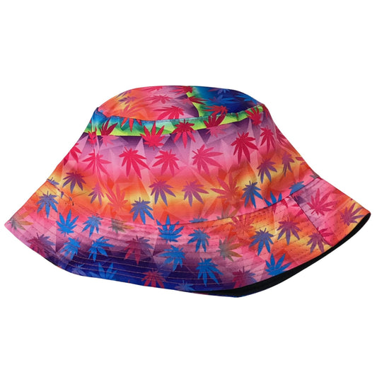 Unisex Marijuana Tie-Dye Bucket Hat Reversible Double-Side-Wear Packable for Travel, Outdoors, and Beach